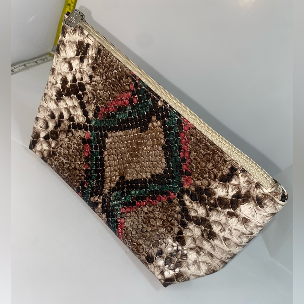 Lise Watier Snake-Embossed Cosmetic Pouch in Brown with Red & Green Accents